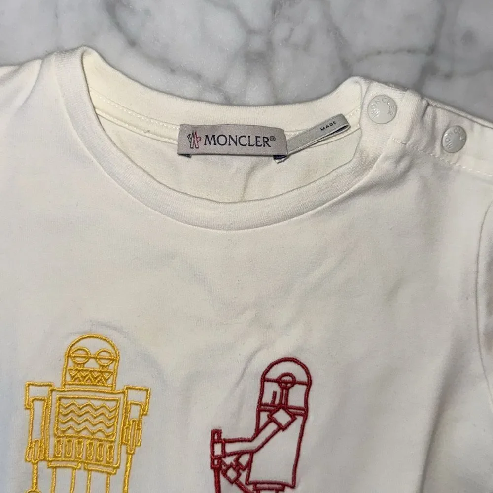 Moncler White and Yellow Long Sleeve Tee with Graphic Print 18/24M